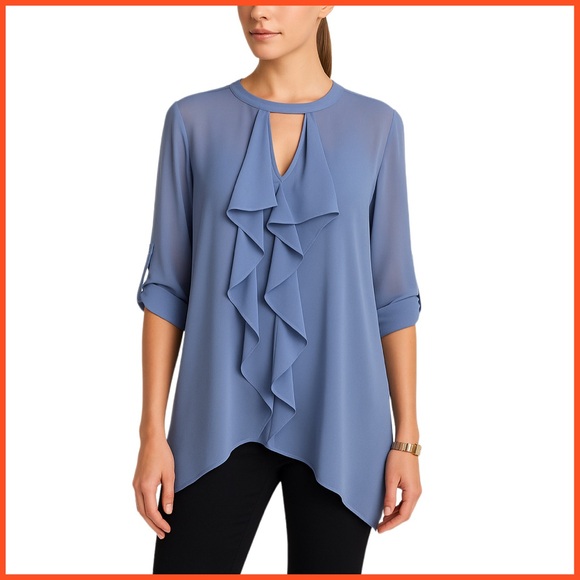 BCBGMaxAzria Sheer Ruffled Light Blue Top